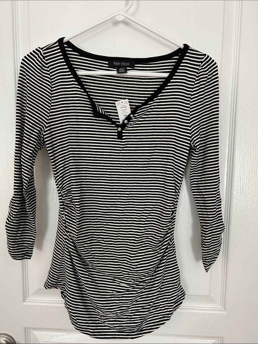 White House Black Market Black & White Striped Long Sleeve Henley Top